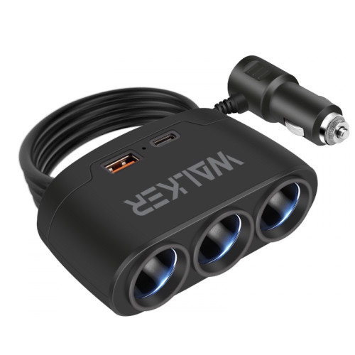 Автомобільний зарядний пристрій розгалужувач Walker WSC-21 3in1 80W USB-A 2.1A, USB-C 2.1A black
