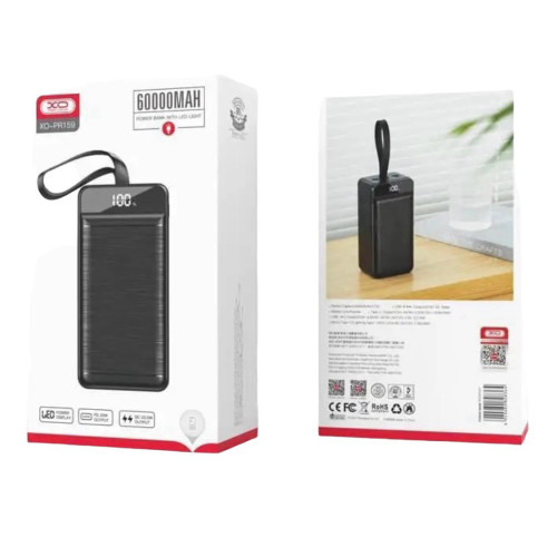 Зовнішній акумулятор XO PR159 60000 mAh QC 22.5W PD 20W black Зовнішній акумулятор XO PR159 60000 mAh QC 22.5W PD 20W black
