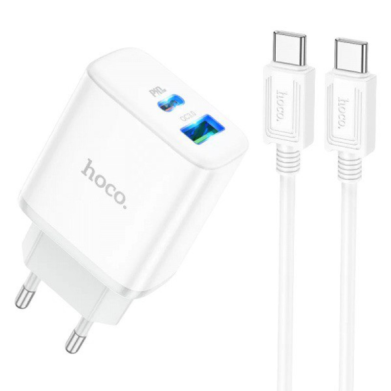 Зарядний пристрій з кабелем Type-C на Type-C Hoco C105A USB-C, USB-A, PD 20W, QC 3.0 white