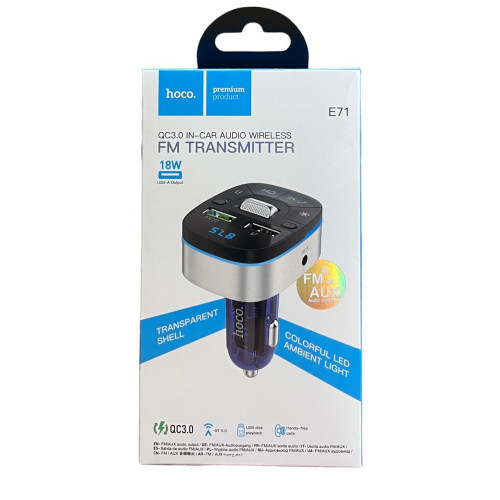 FM трансмітер Hoco E71 2 USB-A 18W, QC 3.0, BT V5.0 black