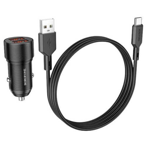 Автомобільний зарядний пристрій Borofone BZ19 з кабелем Type-C 2 USB 2.4 A black