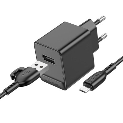 Зарядний пристрій з кабелем microUSB Borofone BAS11A USB 2.1A black Зарядний пристрій з кабелем microUSB Borofone BAS11A USB 2.1A black