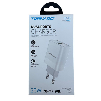 Зарядний пристрій Tornado TD-17 USB-A QC3.0, USB-C PD 20W white Зарядний пристрій Tornado TD-17 USB-A QC3.0, USB-C PD 20W white