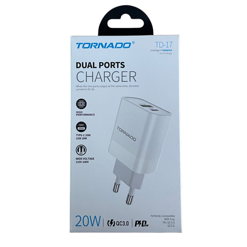 Зарядний пристрій Tornado TD-17 USB-A QC3.0, USB-C PD 20W white