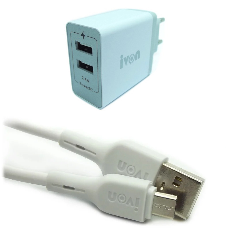 Зарядний пристрій з кабелем microUSB Ivon AD-26 2 USB 2400 mA fast charger white