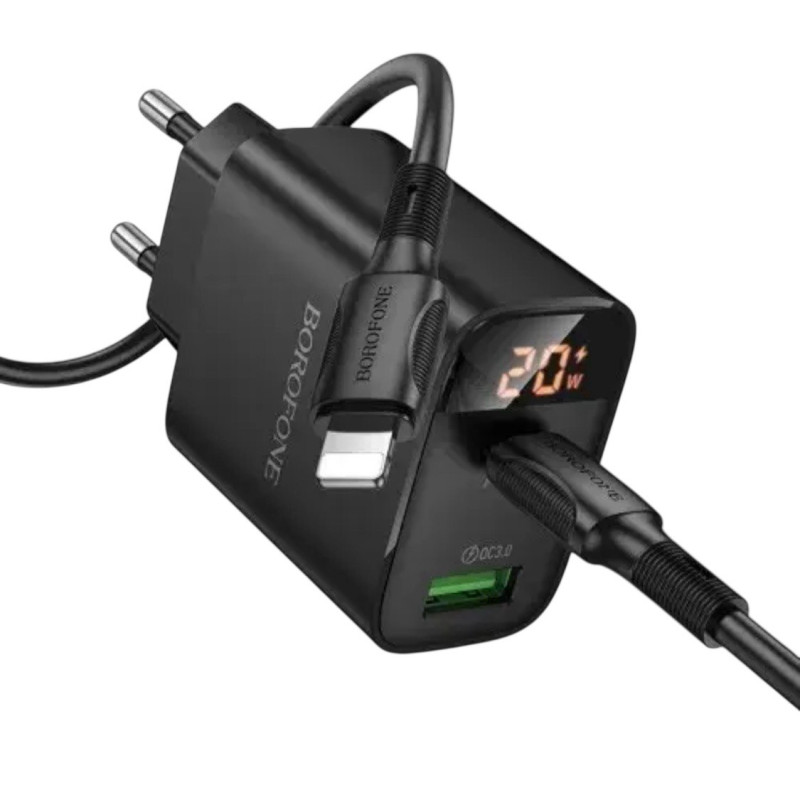Зарядний пристрій з кабелем Type-C to Lightning Borofone BA96A USB-C, USB-A, LCD 20W black