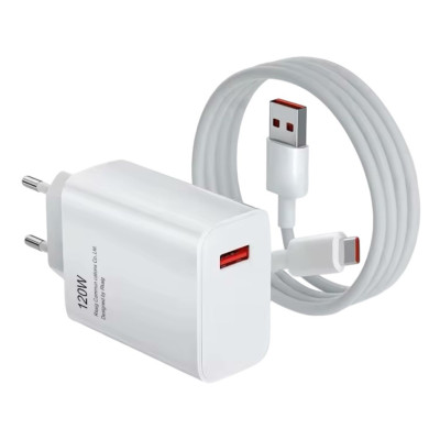 Зарядний пристрій з кабелем Type-C USB-A, 120W Turbo Fast Charge white Зарядний пристрій з кабелем Type-C USB-A, 120W Turbo Fast Charge white