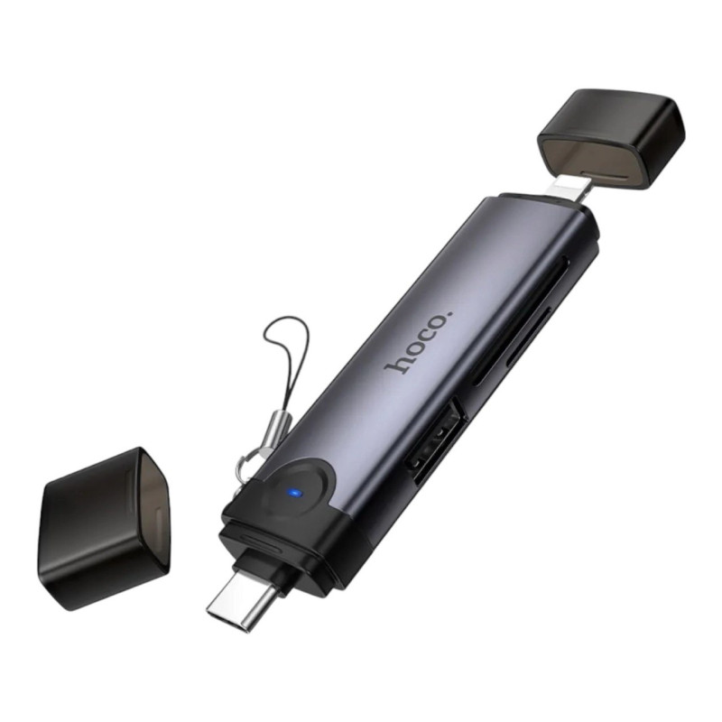 Картрідер microSD, SD Hoco HB56B 3-in-1 Lightning, Type-C metal gray