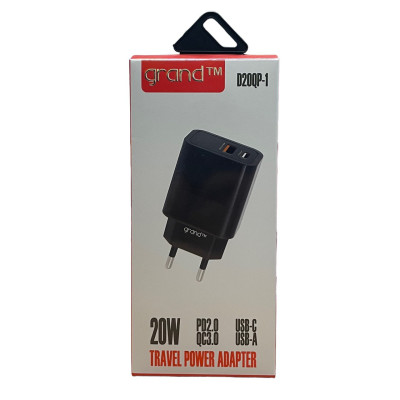 Зарядний пристрій Grand D20QP1P USB-C PD 20W, 1 USB QC 3.0 18W black Зарядний пристрій Grand D20QP1P USB-C PD 20W, 1 USB QC 3.0 18W black