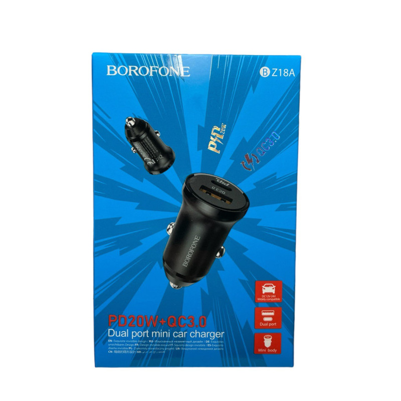 Автомобільний зарядний пристрій Borofone BZ18A USB-A 3A QC3.0, USB-C PD 20W black