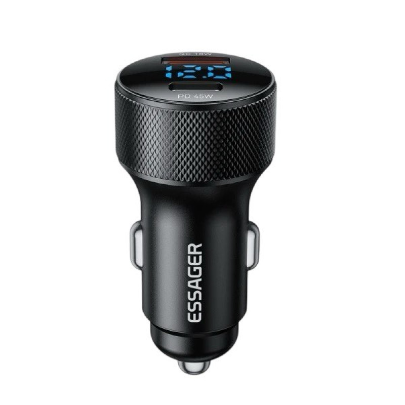 Автомобільний зарядний пристрій Essager ES-CC21 45W USB-C, USB-A QC3.0 LCD black