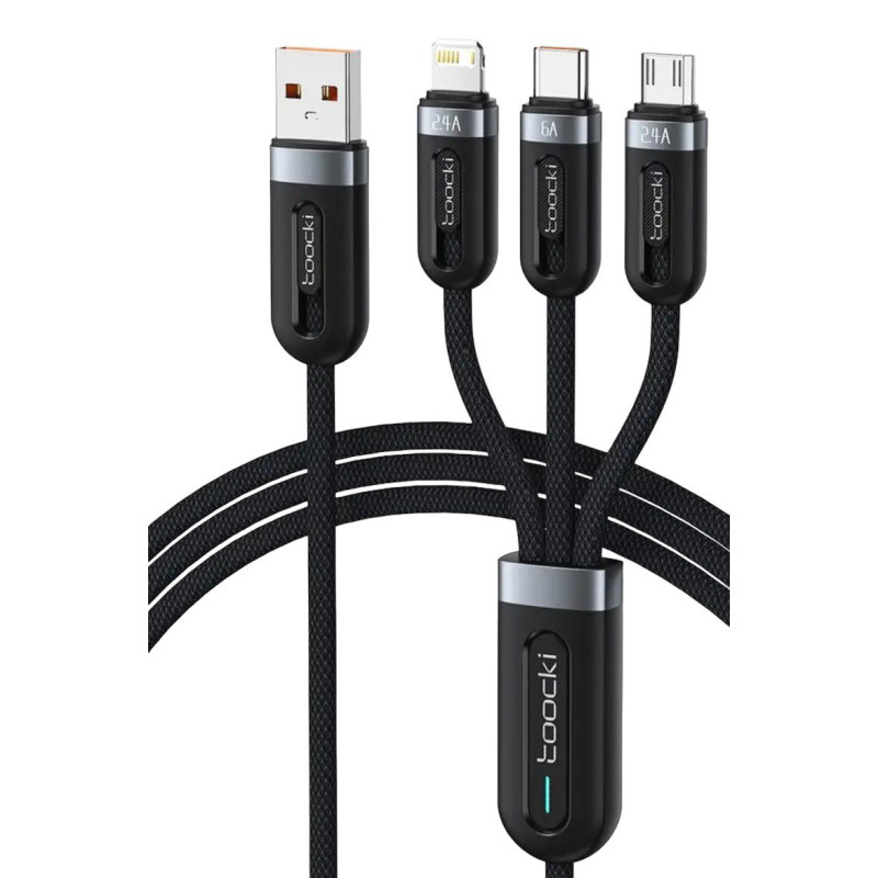 USB кабель Toocki TQ-X18 3 в 1 microUSB, Lightning, Type-C, 6A, 1.2 метри black