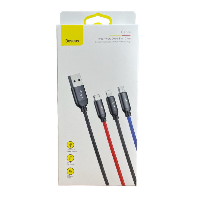 USB кабель Baseus 3 в 1 microUSB, Lightning, Type-C black CAMLT-BSY01  1.2 метри