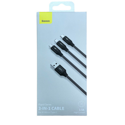 USB кабель Baseus 3 в 1 microUSB, Lightning, Type-C black CAJS000001  1.2 метри USB кабель Baseus 3 в 1 microUSB, Lightning, Type-C black CAJS000001  1.2 метри