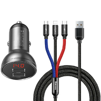 Автомобільний зарядний пристрій Baseus 3 in 1 2 USB 4.8 A grey (TZCCBX-0G) Автомобільний зарядний пристрій Baseus 3 in 1 2 USB 4.8 A grey (TZCCBX-0G)