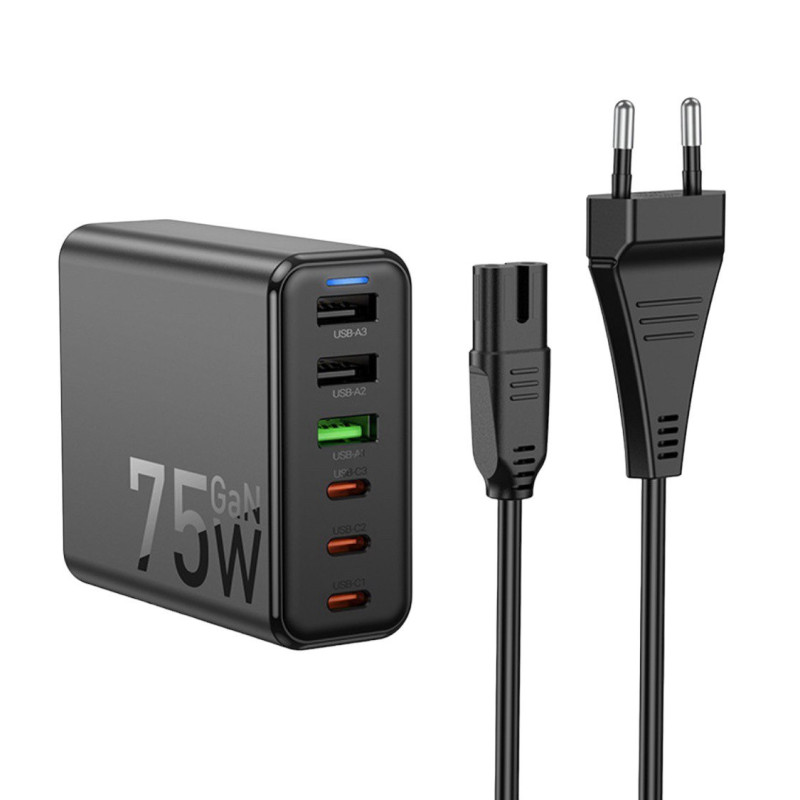 Зарядний пристрій Hoco C133A, 3USB-C, 3USB-A, total 75W black