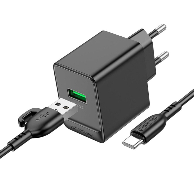 Зарядний пристрій з кабелем Type-C Borofone BAS12A USB-A 3A QC 3.0 18W black