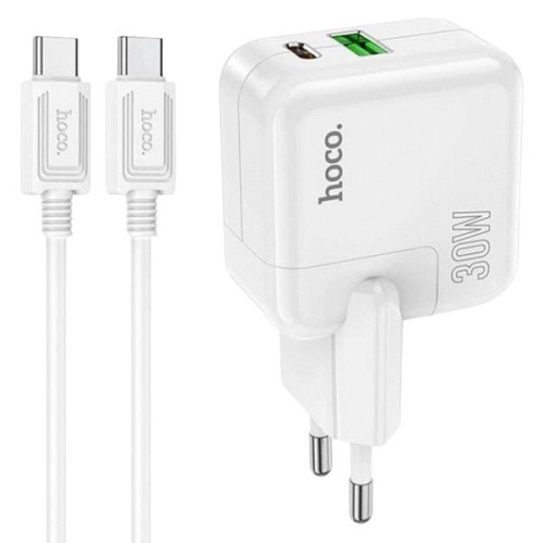 Зарядний пристрій з кабелем Type-C to Type-C Hoco C111A, USB-C 30W, USB-A 3A, QC3.0 white
