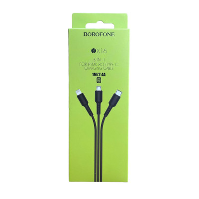 USB кабель Borofone BX16 3 в 1 microUSB, Lightning, Type-C black USB кабель Borofone BX16 3 в 1 microUSB, Lightning, Type-C black