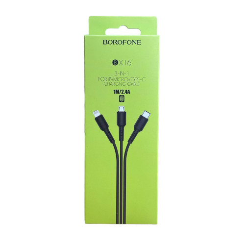 USB кабель Borofone BX16 3 в 1 microUSB, Lightning, Type-C black USB кабель Borofone BX16 3 в 1 microUSB, Lightning, Type-C black