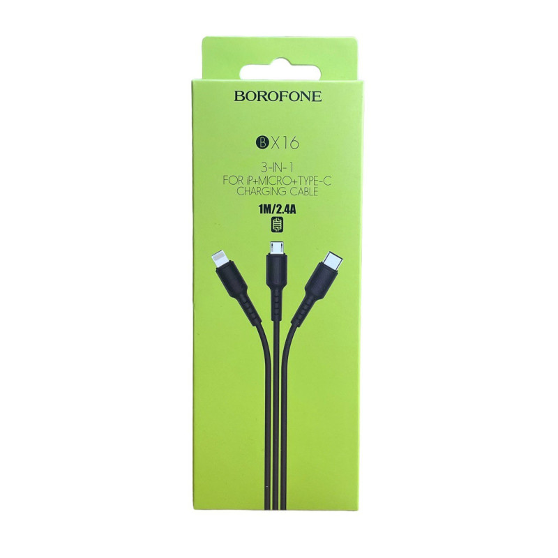 USB кабель Borofone BX16 3 в 1 microUSB, Lightning, Type-C black