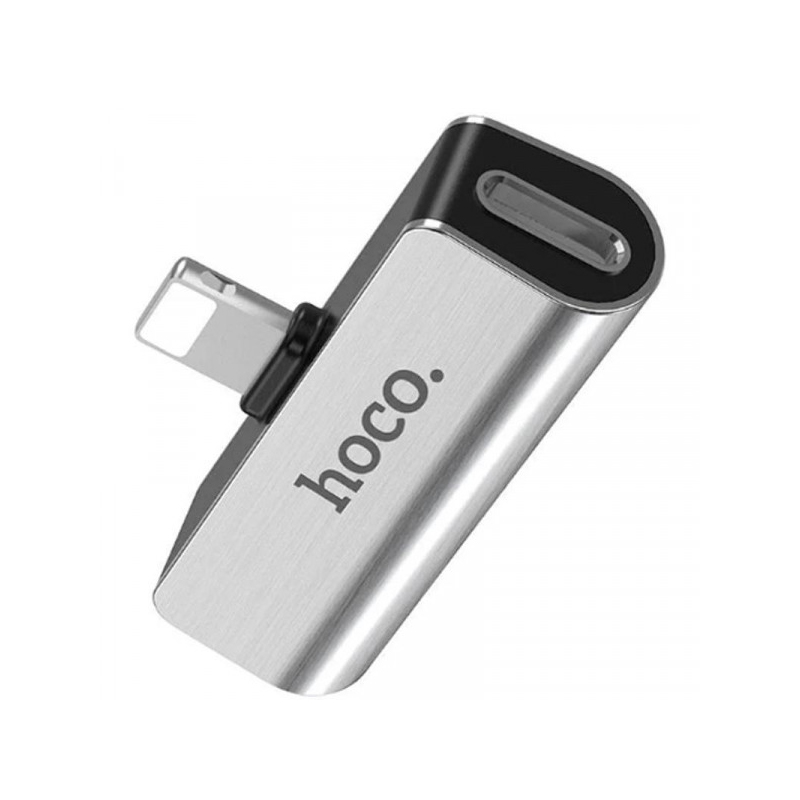 Перехідник на навушники для iPhone з 3.5 на Lightning з розємом зарядки Hoco LS25 silver