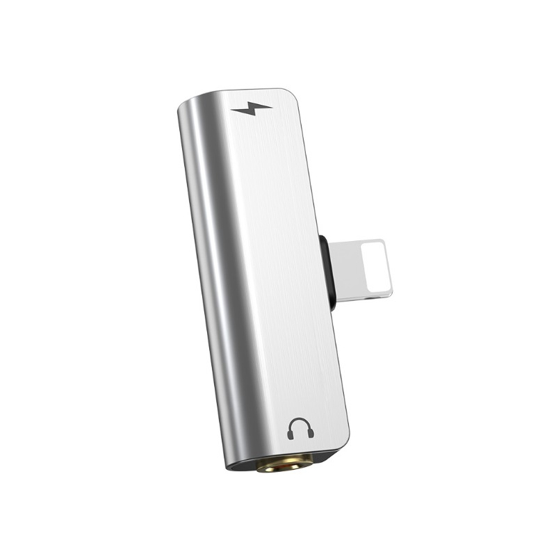 Перехідник на навушники для iPhone з 3.5 на Lightning з розємом зарядки Hoco LS25 silver