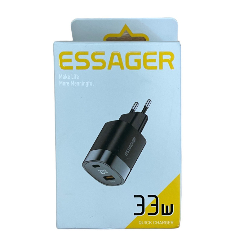 Зарядний пристрій Essager USB-C PD 33W, USB-A QC 3.0, LCD, (JT-P18) black