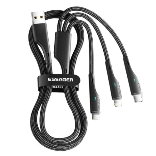 USB кабель Essager 3 в 1 microUSB, Lightning, Type-C, 3A, 1.2 метри black USB кабель Essager 3 в 1 microUSB, Lightning, Type-C, 3A, 1.2 метри black