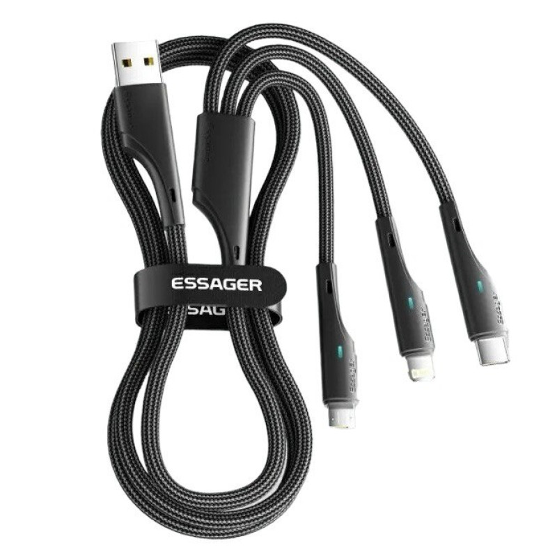 USB кабель Essager 3 в 1 microUSB, Lightning, Type-C, 3A, 1.2 метри black