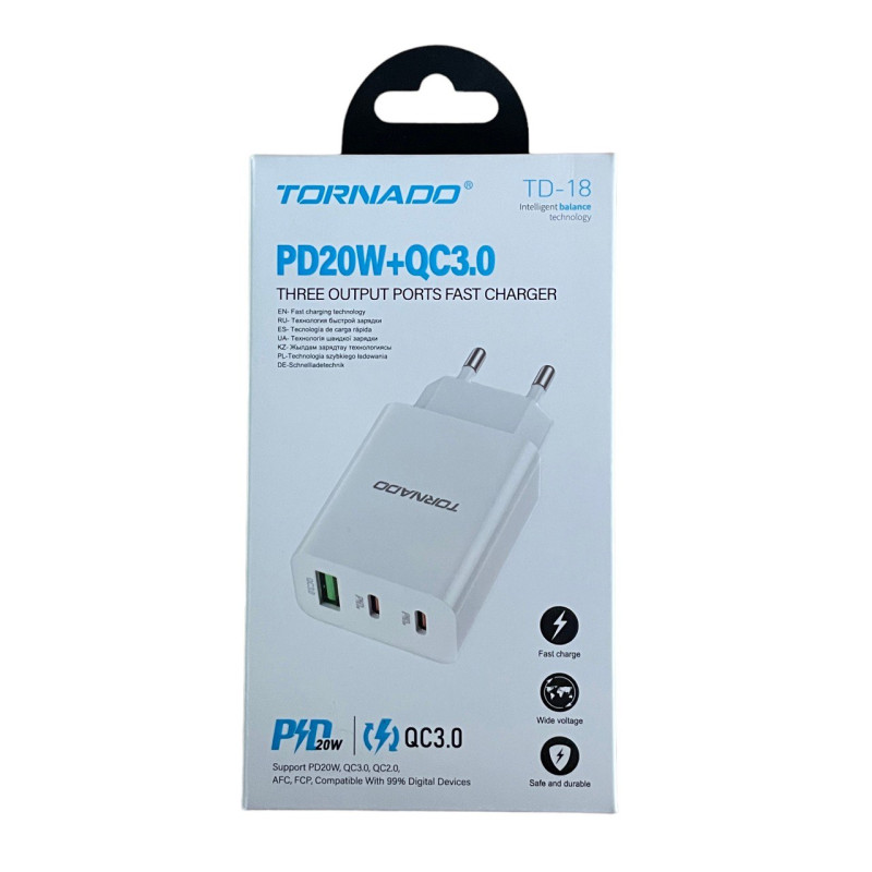 Зарядний пристрій Tornado TD-18 USB-A QC3.0, 2 USB-C PD 20W white