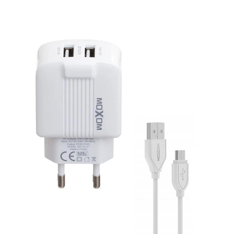 Зарядний пристрій з кабелем microUSB Moxom KH-47 2 USB 2400 mA white
