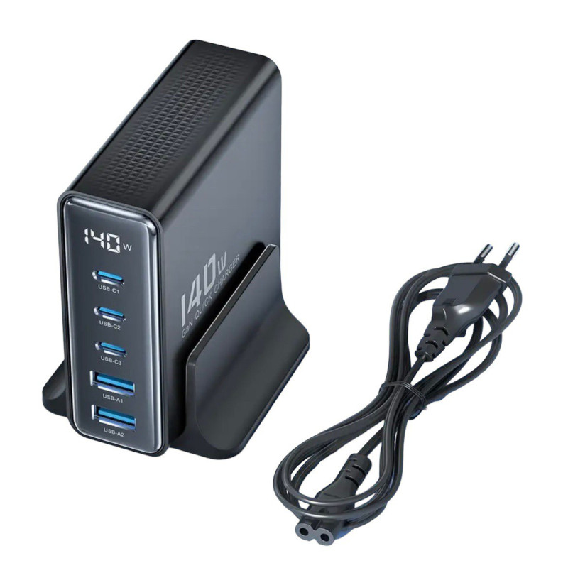 Зарядний пристрій Toocki GaN, 3 USB-C, 2 USB-A 140W (TCT140-22) black