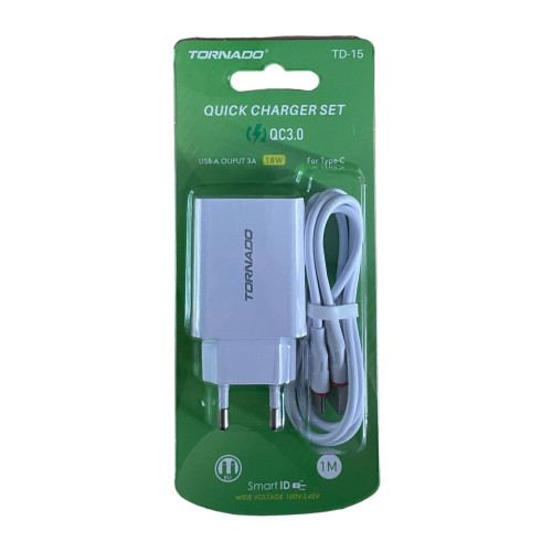 Зарядний пристрій з кабелем Type-C Tornado TD-15 1 USB 3000 mA QC 3.0 white Зарядний пристрій з кабелем Type-C Tornado TD-15 1 USB 3000 mA QC 3.0 white