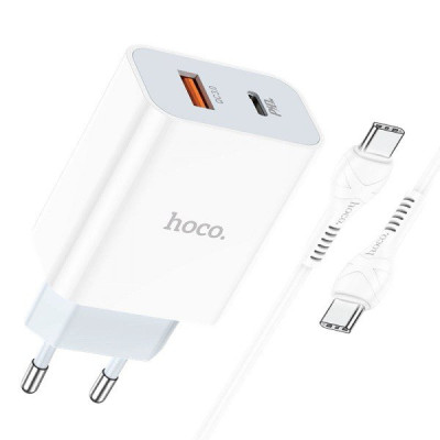 Зарядний пристрій з кабелем Type-C to Type-C Hoco C97A USB-C PD 20W, USB-A  QC 3.0 white Зарядний пристрій з кабелем Type-C to Type-C Hoco C97A USB-C PD 20W, USB-A  QC 3.0 white