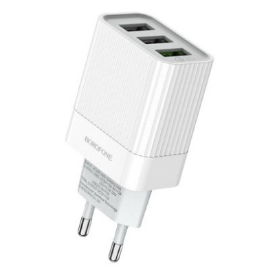 Зарядний пристрій Borofone BA40A, 3 USB-A, 3A, QC 3.0 white Зарядний пристрій Borofone BA40A, 3 USB-A, 3A, QC 3.0 white