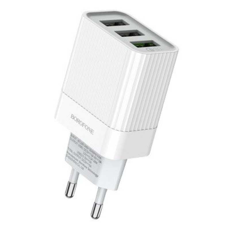 Зарядний пристрій Borofone BA40A, 3 USB-A, 3A, QC 3.0 white